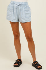 Light Blue Chambray Drawstring Front Pocket Shorts