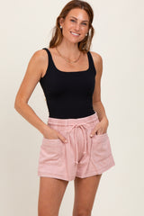 Light Pink Chambray Drawstring Front Pocket Shorts