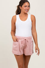Light Pink Chambray Drawstring Front Pocket Maternity Shorts