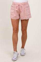 Light Pink Chambray Drawstring Front Pocket Maternity Shorts