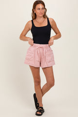 Light Pink Chambray Drawstring Front Pocket Shorts