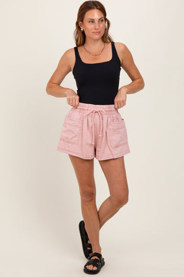 Light Pink Chambray Drawstring Front Pocket Shorts