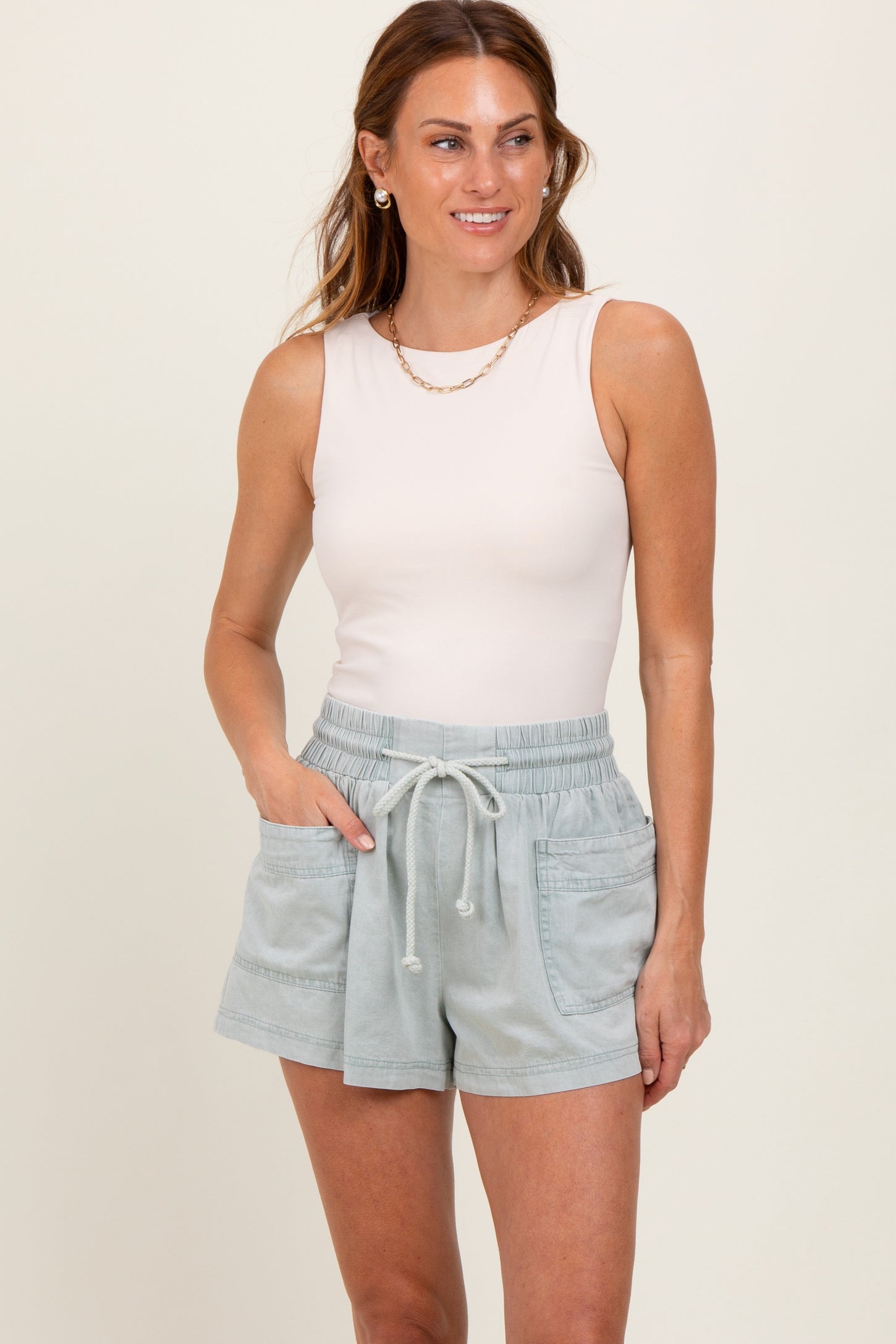 Mint Green Chambray Drawstring Front Pocket Shorts