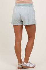 Mint Green Chambray Drawstring Front Pocket Maternity Shorts