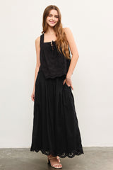 Black Smocked Waist Eyelet Lace Hem Maternity Maxi Skirt