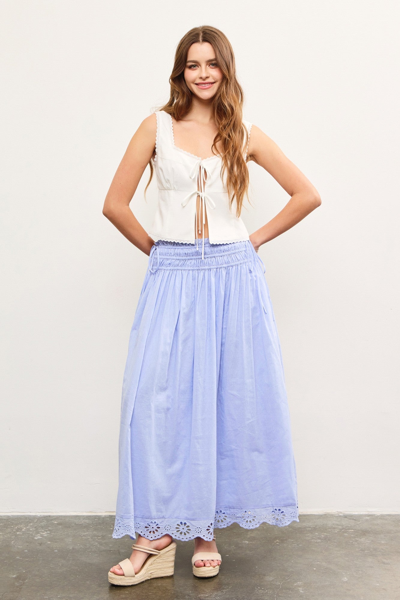 Periwinkle Smocked Waist Eyelet Lace Hem Maxi Skirt