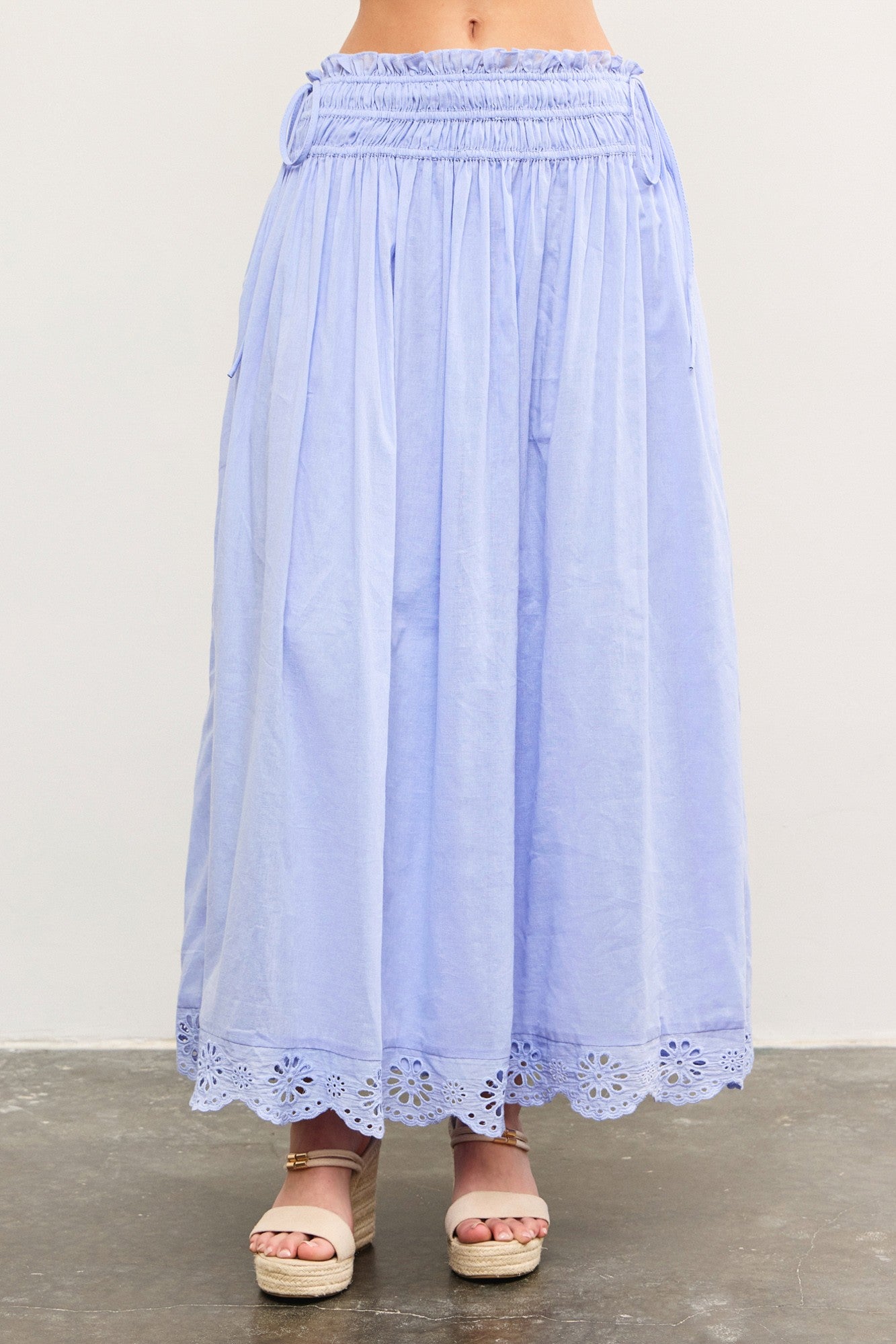Periwinkle Smocked Waist Eyelet Lace Hem Maxi Skirt