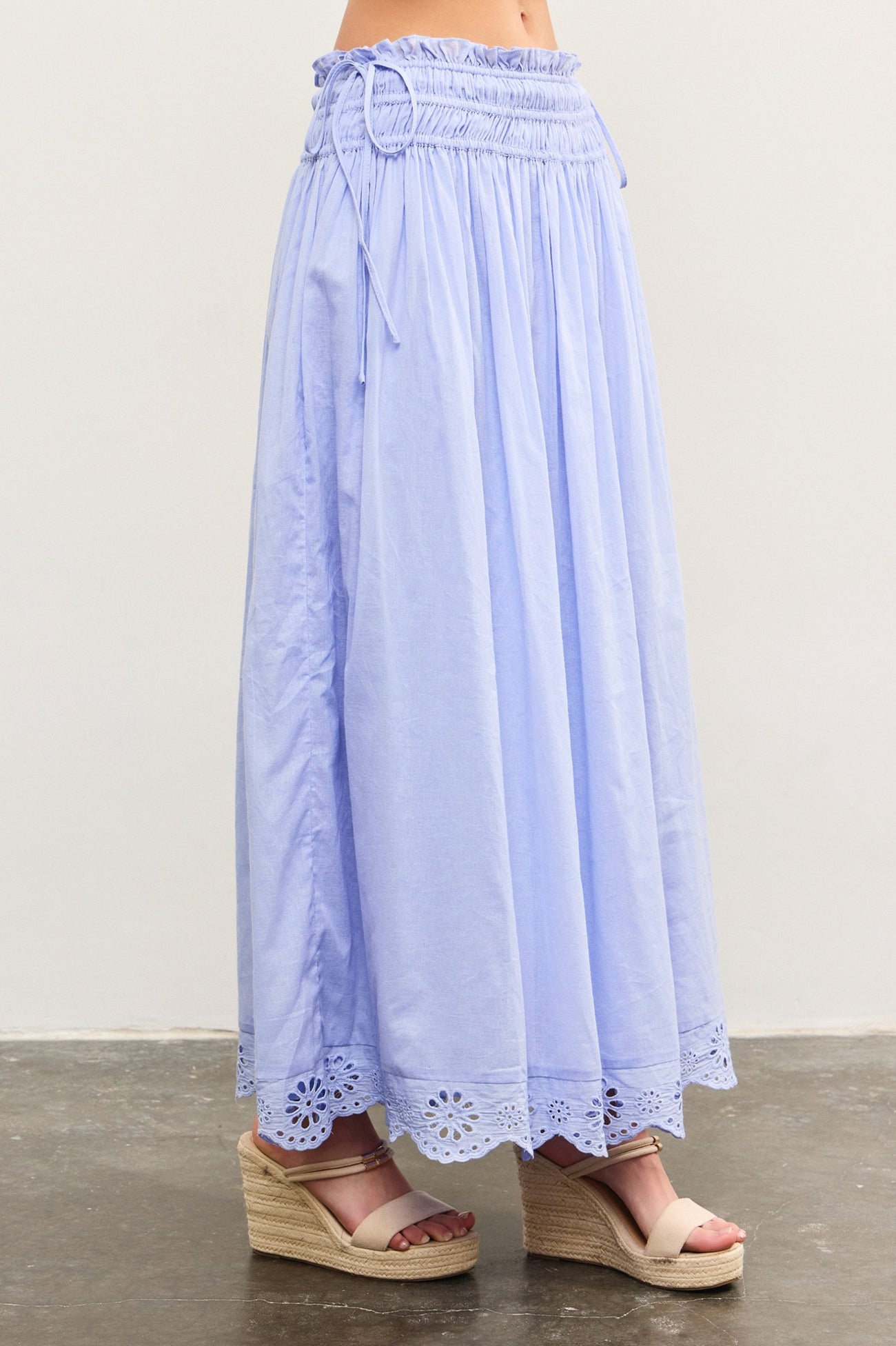 Periwinkle Smocked Waist Eyelet Lace Hem Maxi Skirt – PinkBlush