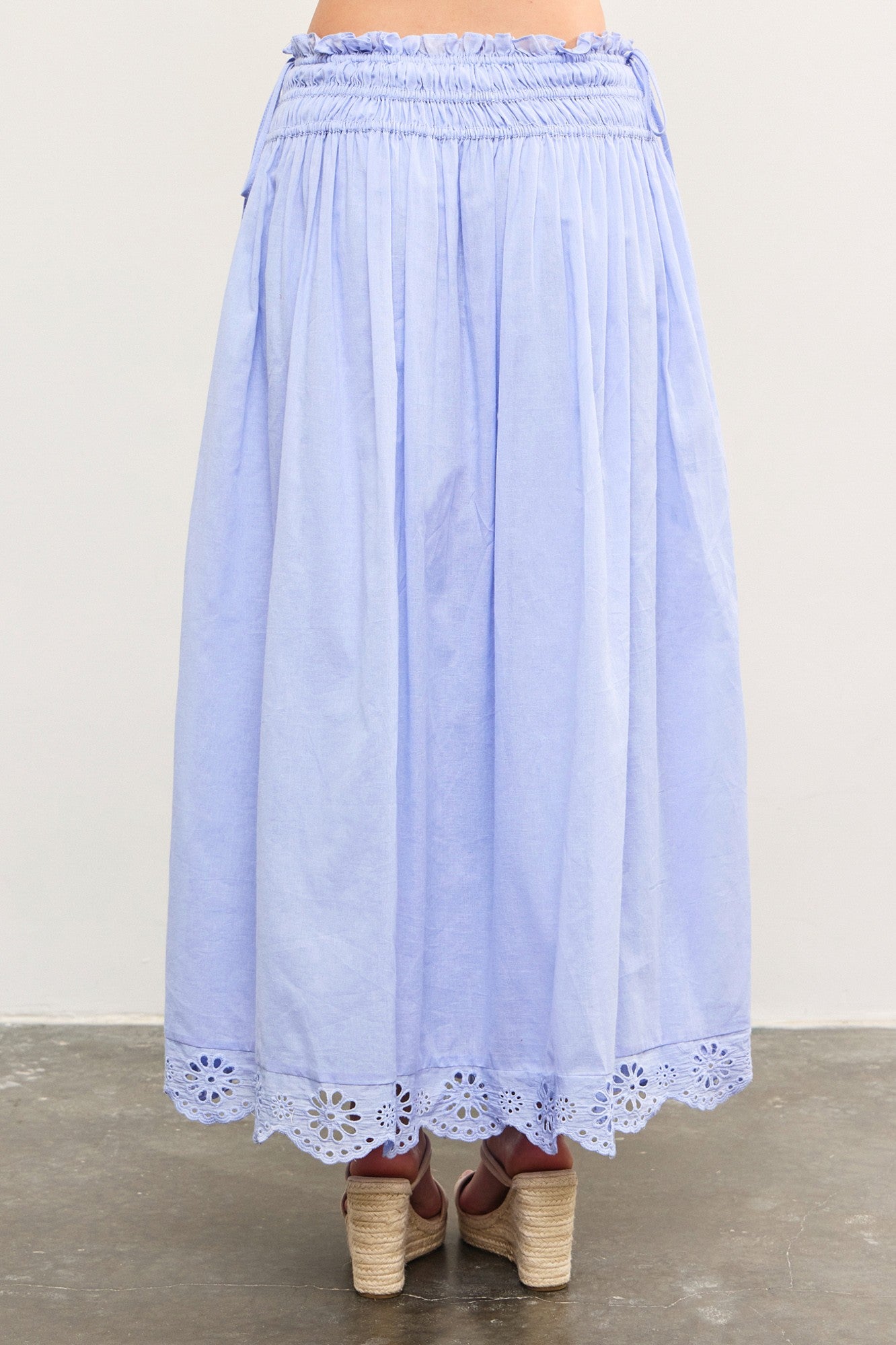 Periwinkle Smocked Waist Eyelet Lace Hem Maxi Skirt