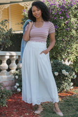 White Smocked Waist Eyelet Lace Hem Maxi Skirt