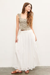 White Smocked Waist Eyelet Lace Hem Maternity Maxi Skirt