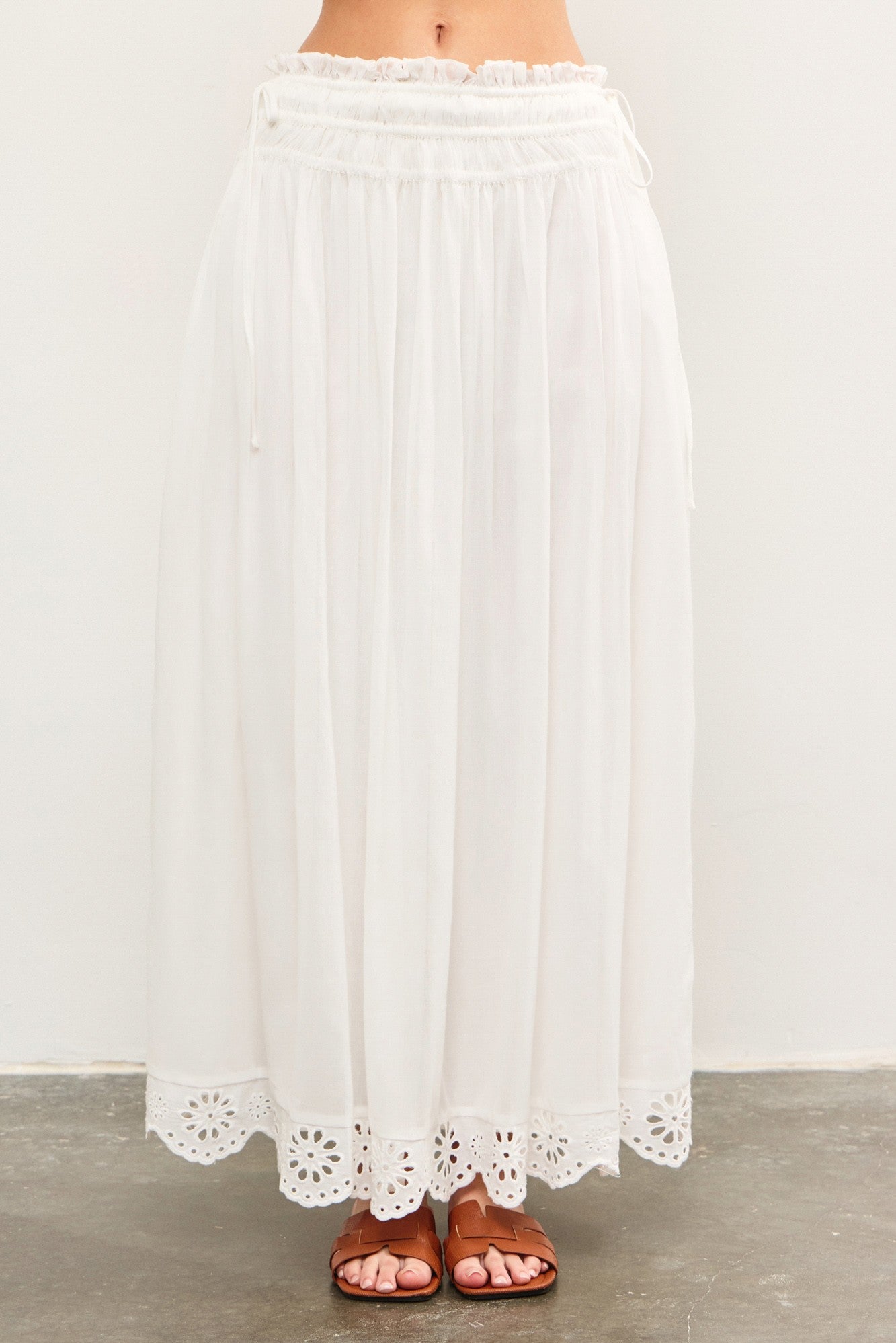 White Smocked Waist Eyelet Lace Hem Maxi Skirt