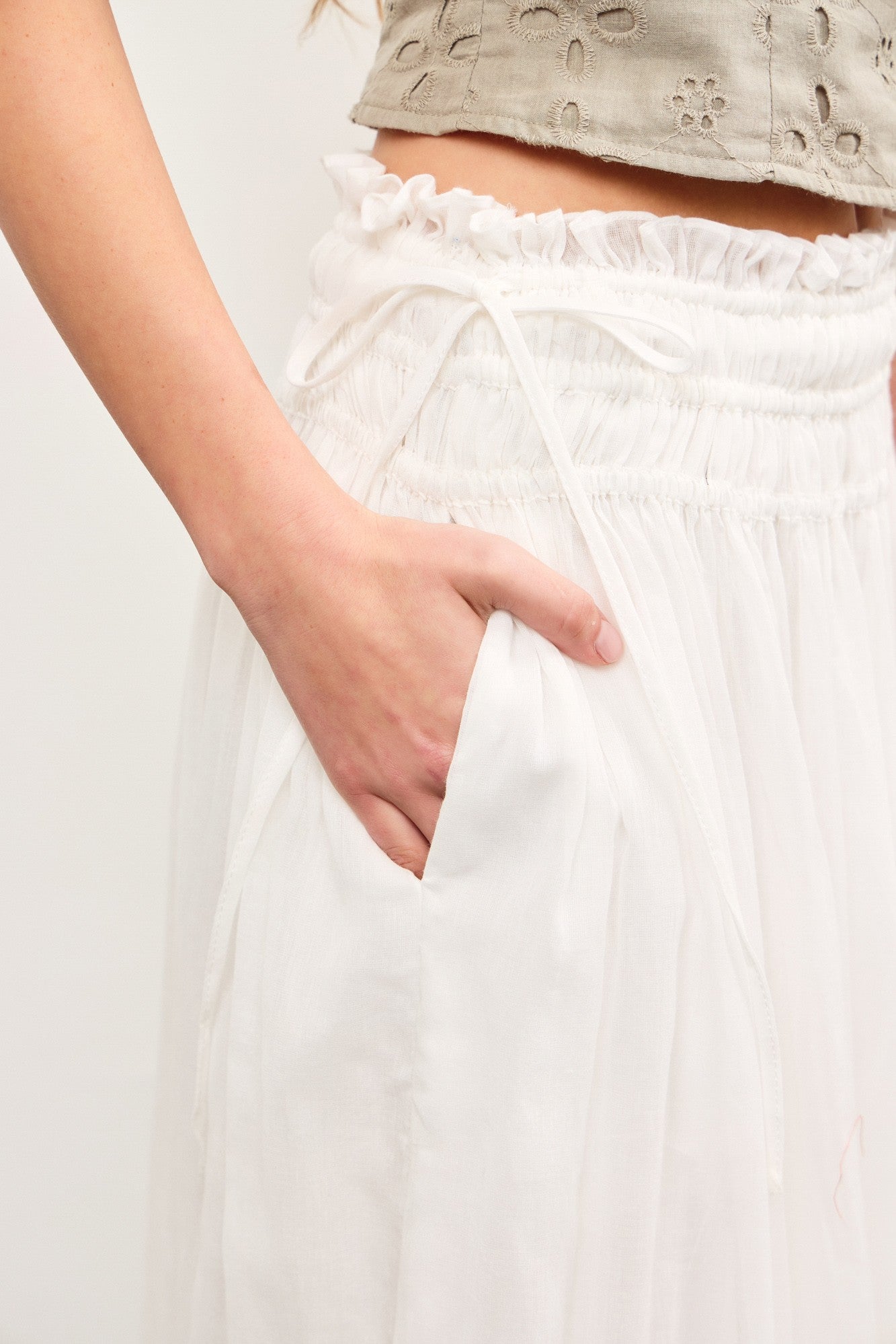 White Smocked Waist Eyelet Lace Hem Maxi Skirt