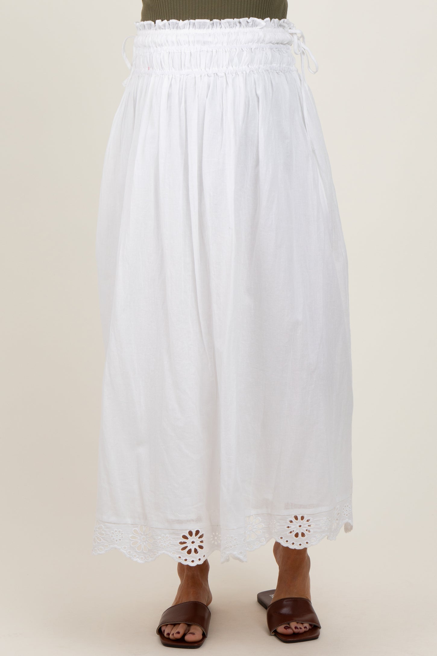 White Smocked Waist Eyelet Lace Hem Maternity Maxi Skirt