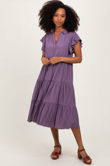 Plum Ruffle Sleeve V-Neck Tiered Maternity Midi Dress