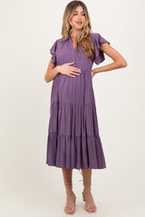 Plum Ruffle Sleeve V-Neck Tiered Maternity Midi Dress