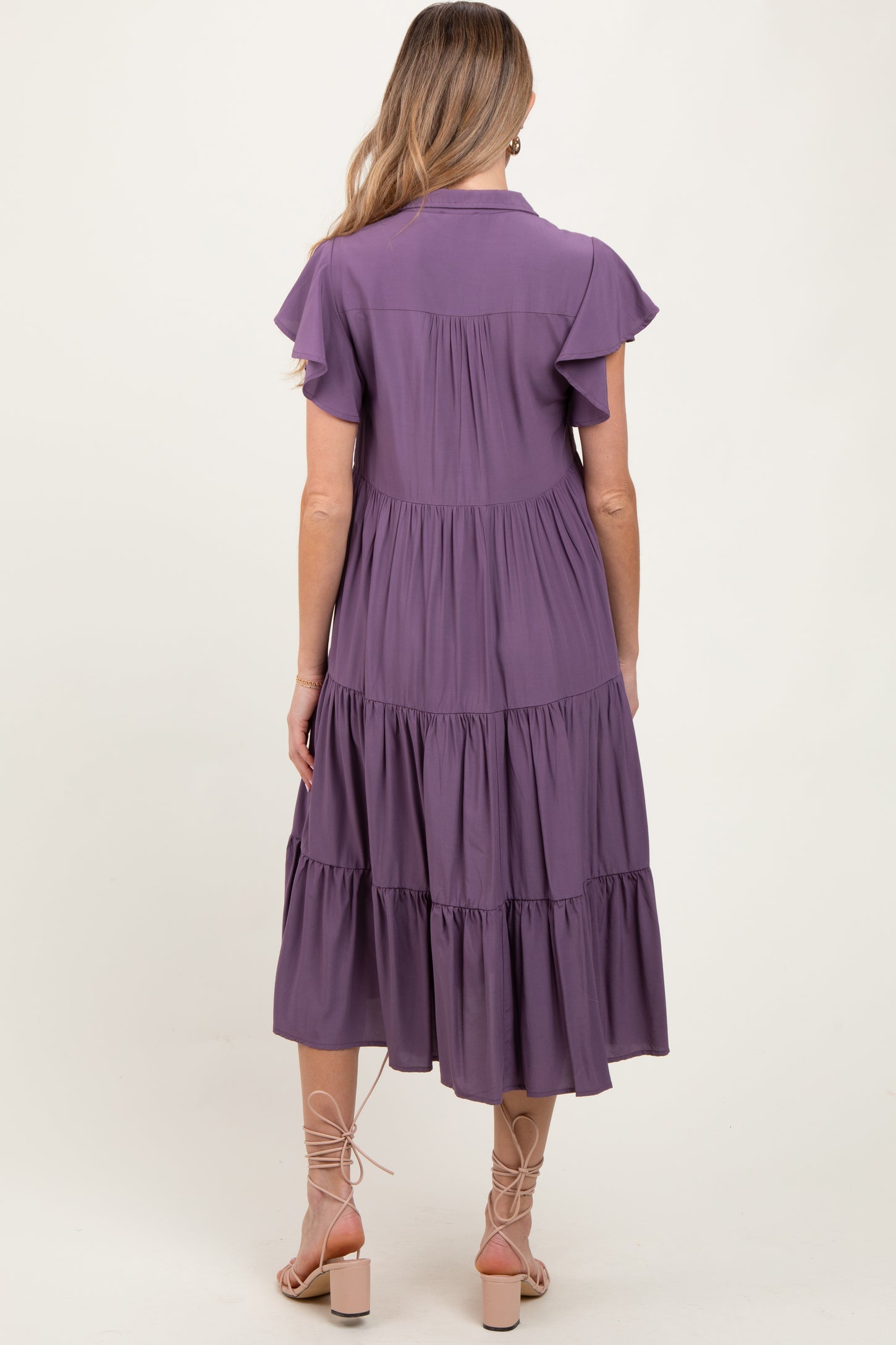 Plum Ruffle Sleeve V-Neck Tiered Maternity Midi Dress