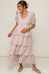 Light Pink Floral Ruffle Tiered Maternity Maxi Dress