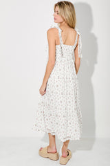 Light Pink Floral Shoulder Tie Midi Dress