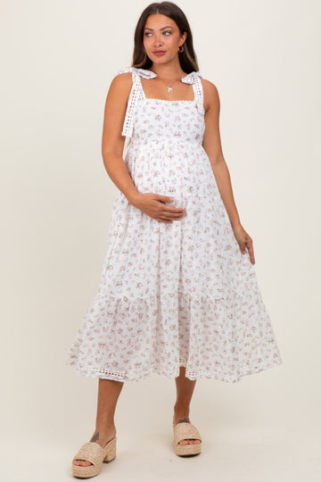 Light Pink Floral Shoulder Tie Maternity Midi Dress