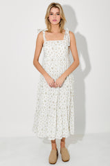 Light Yellow Floral Shoulder Tie Maternity Midi Dress