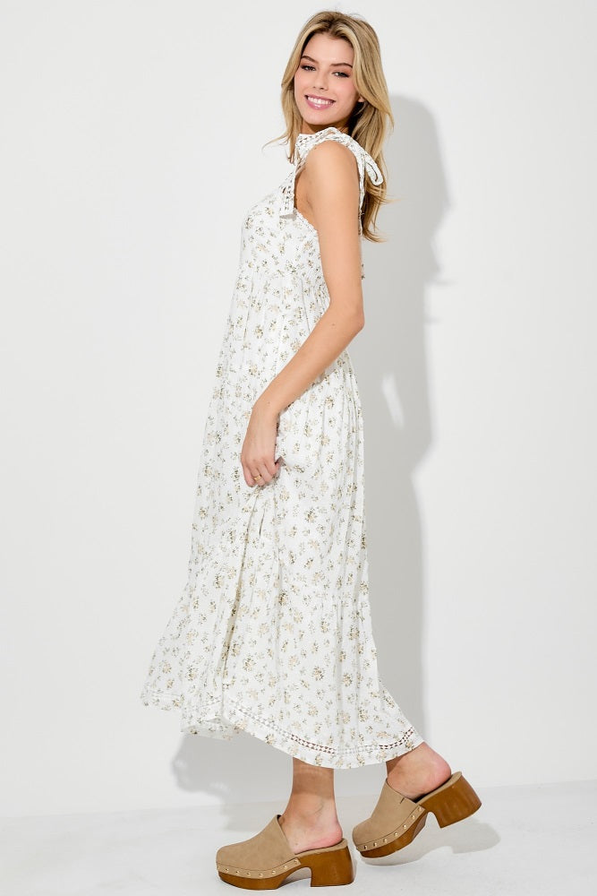 Light Yellow Floral Shoulder Tie Midi Dress