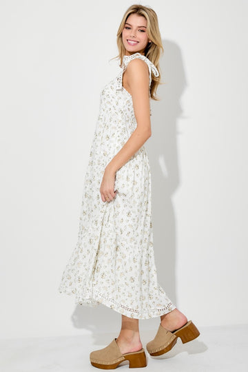 Light Yellow Floral Shoulder Tie Midi Dress