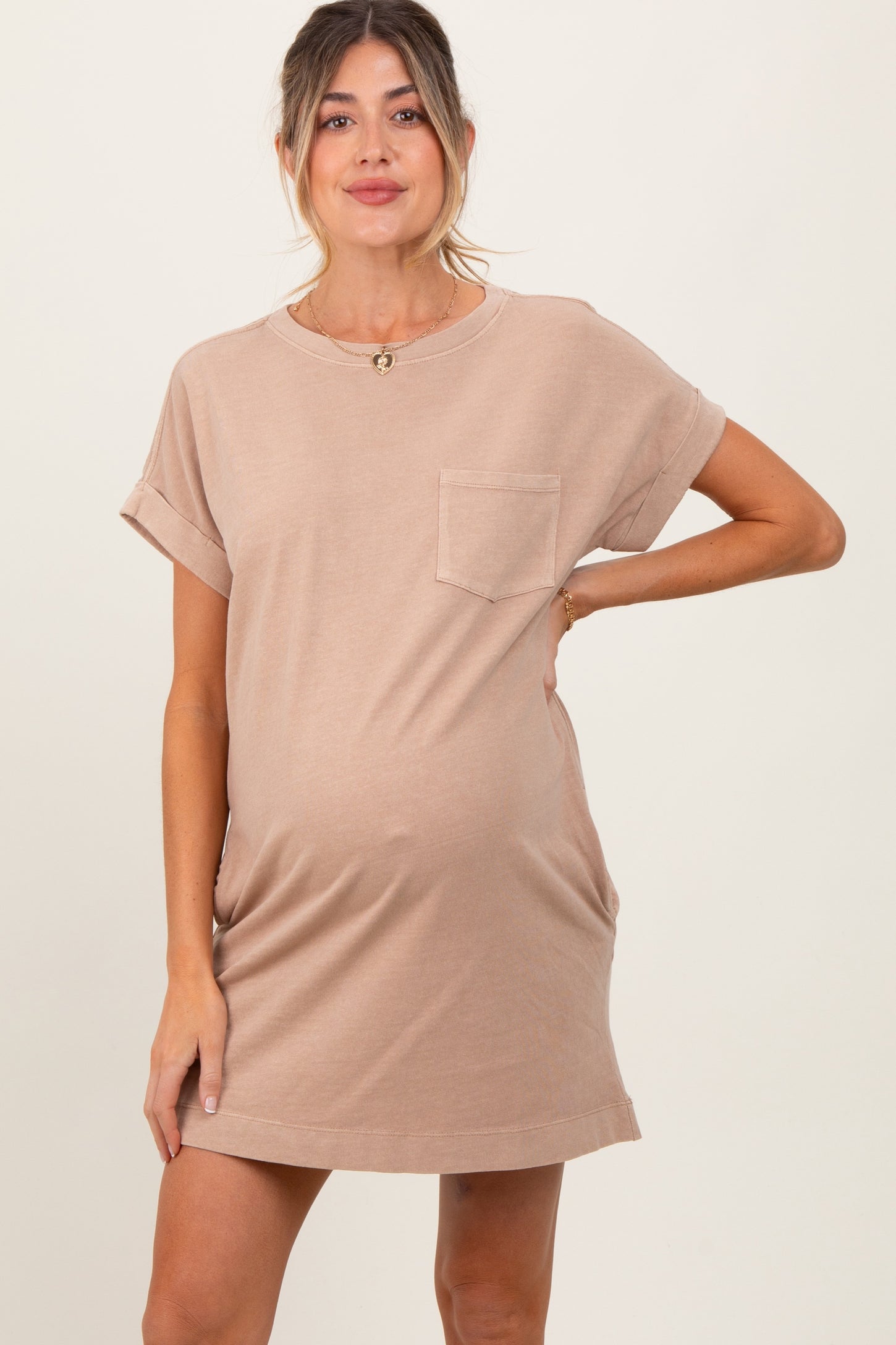 Light Taupe Maternity Mini T-Shirt Dress