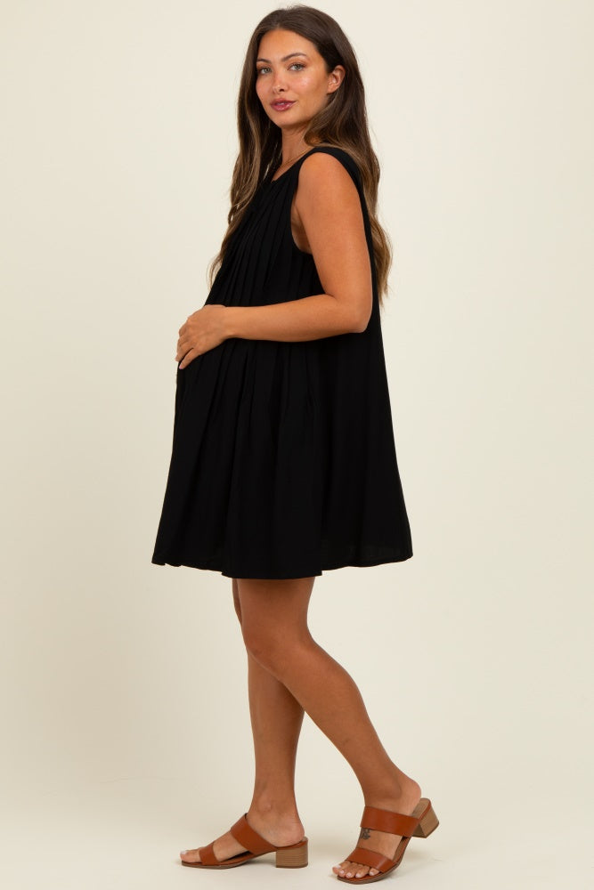 Black Pleated Front Tie Linen Blend Maternity Dress