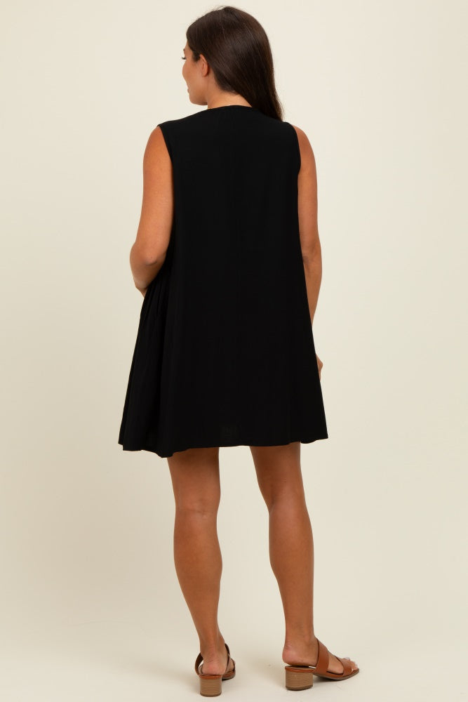 Black Pleated Front Tie Linen Blend Maternity Dress