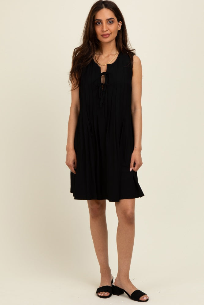 Black Pleated Front Tie Linen Blend Dress