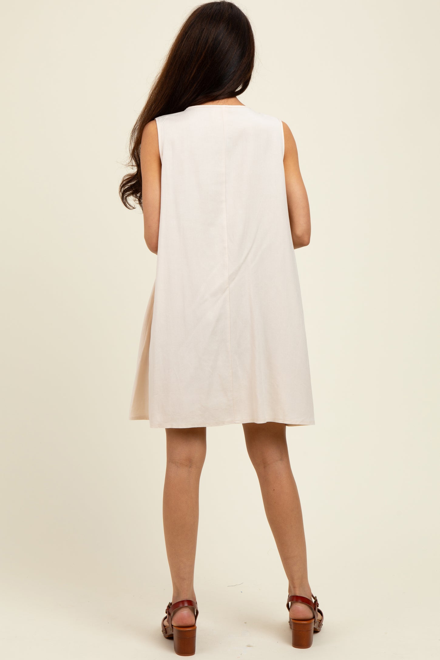 Cream Pleated Front Tie Linen Blend Dress