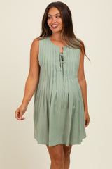 Light Olive Pleated Front Tie Linen Blend Maternity Dress