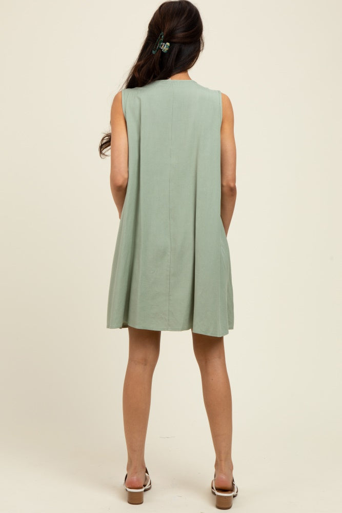 Light Olive Pleated Front Tie Linen Blend Dress