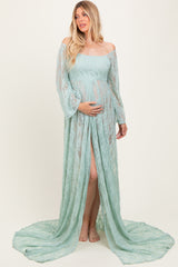 Mint Lace Long Sleeve Off Shoulder Slit Draped Maternity Photoshoot Dress