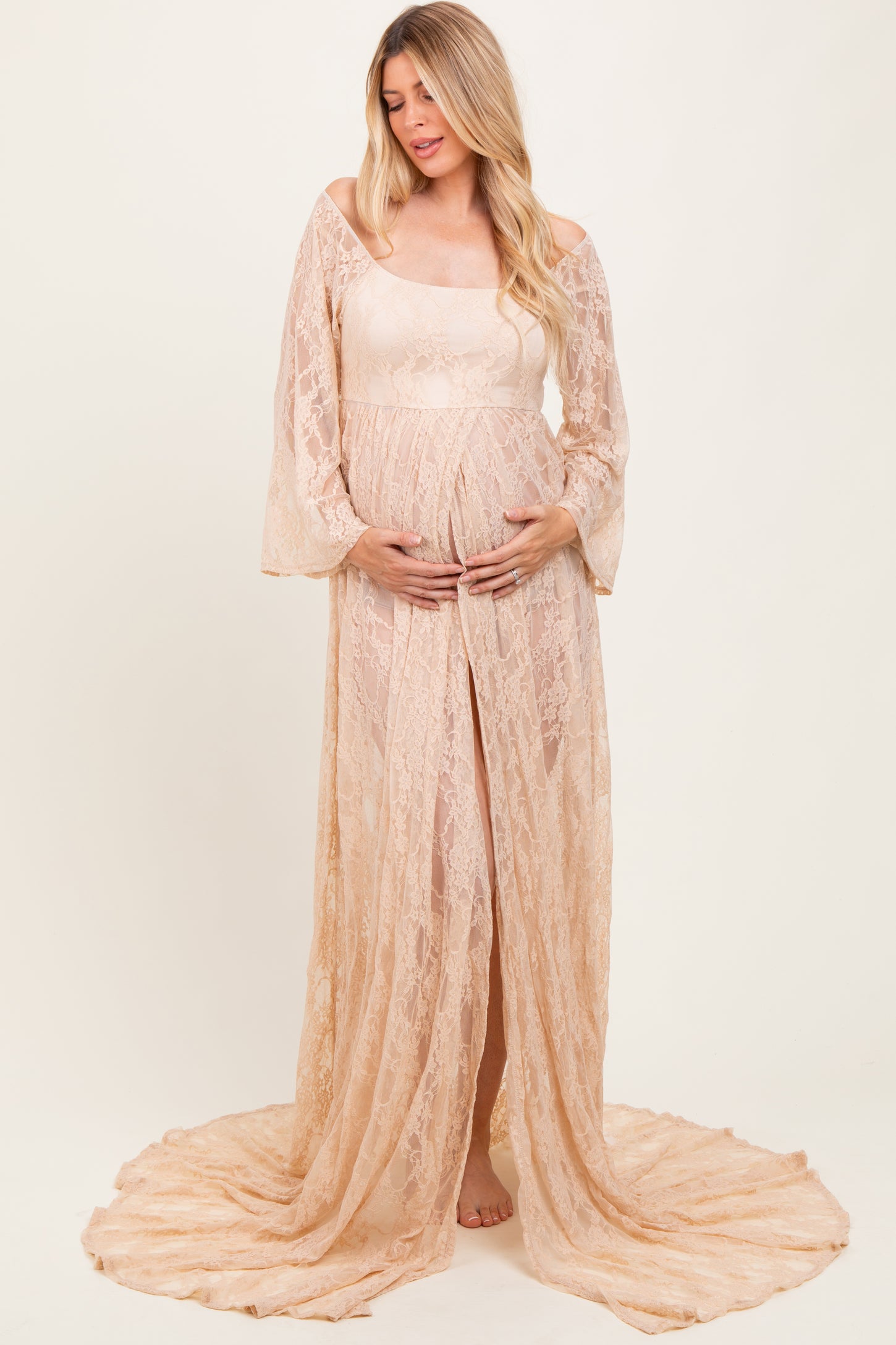 Beige Lace Long Sleeve Off Shoulder Slit Draped Maternity Photoshoot Dress Beige Lace Long Sleeve Off Shoulder Slit Draped Maternity Photoshoot Dress
