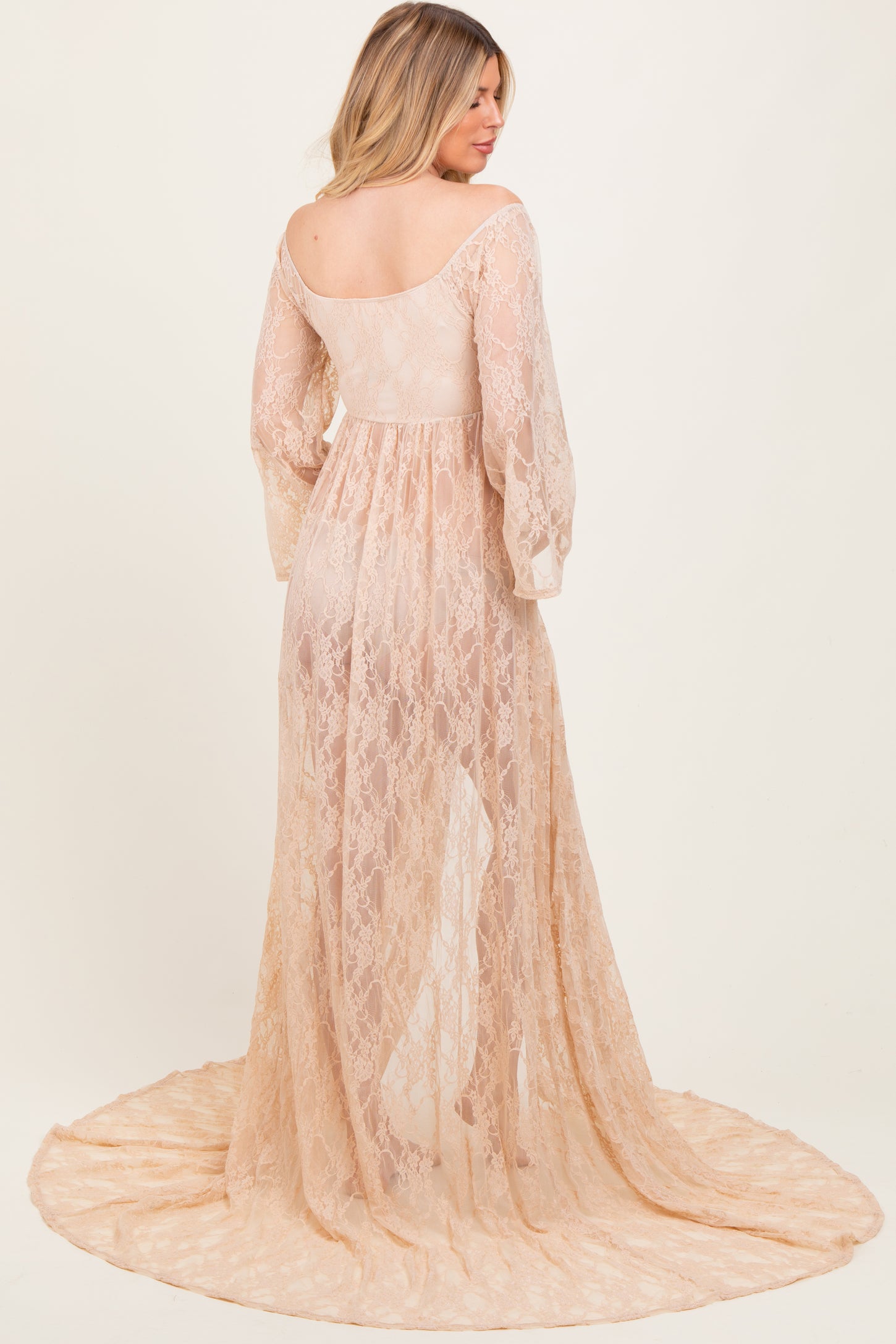 Beige Lace Long Sleeve Off Shoulder Slit Draped Maternity Photoshoot Dress Beige Lace Long Sleeve Off Shoulder Slit Draped Maternity Photoshoot Dress