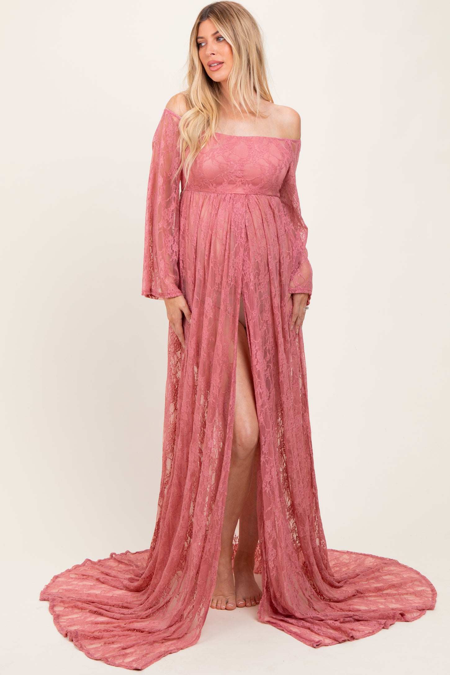 Mauve Lace Long Sleeve Off Shoulder Slit Draped Maternity Photoshoot D –  PinkBlush