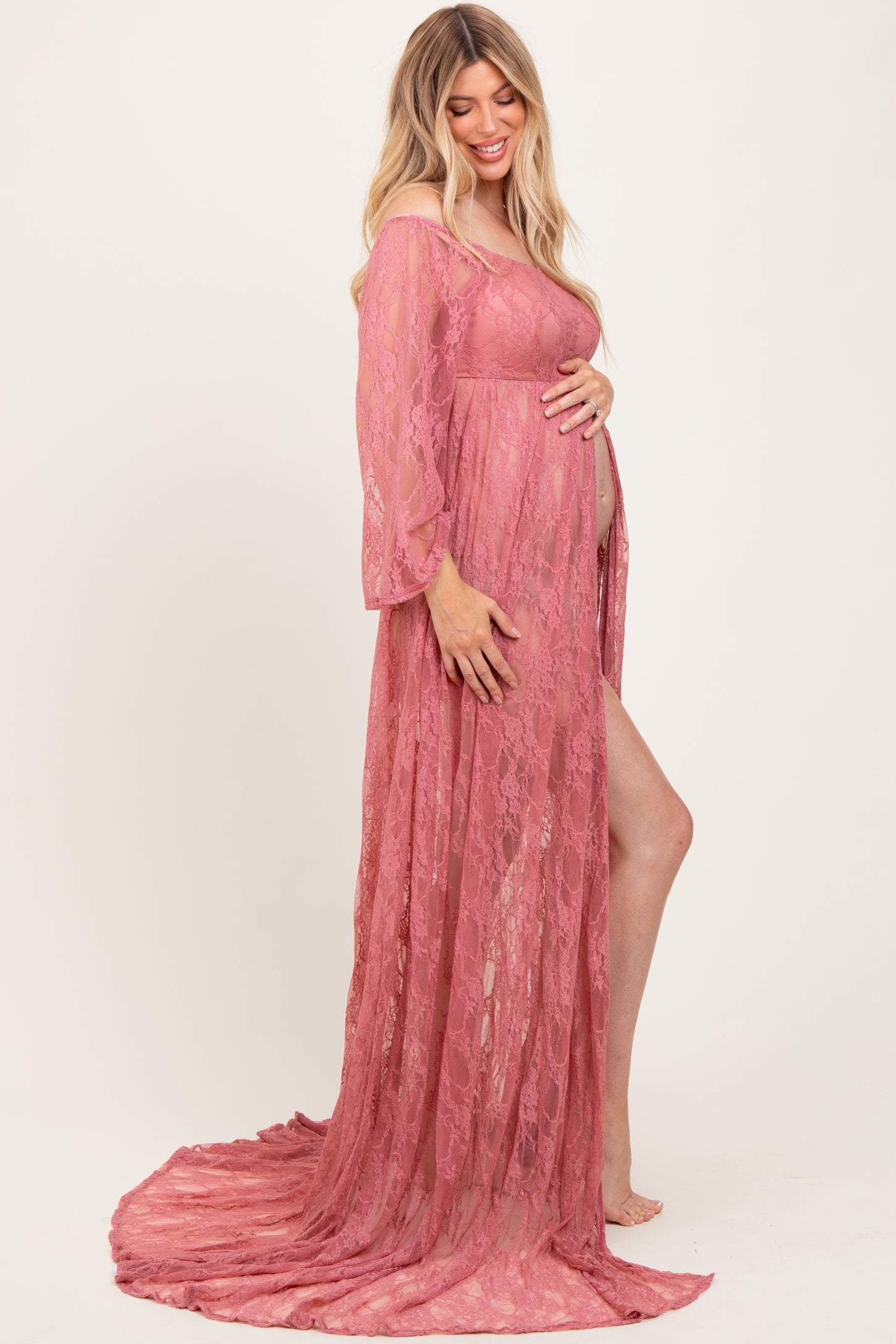 Mauve Lace Long Sleeve Off Shoulder Slit Draped Maternity Photoshoot D – PinkBlush