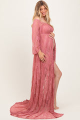 Mauve Lace Long Sleeve Off Shoulder Slit Draped Maternity Photoshoot Dress