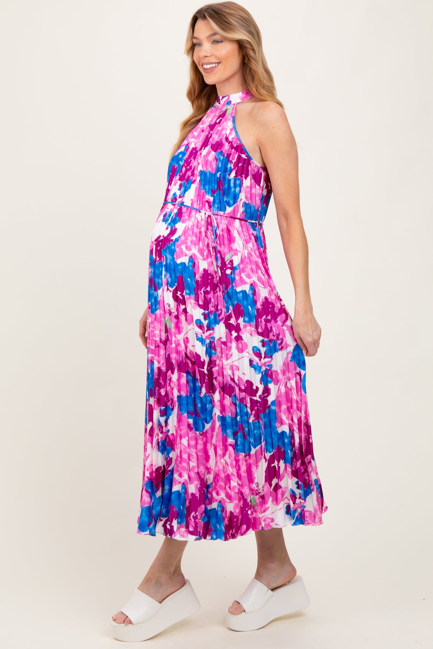 Magenta Floral Satin Pleated Halter Neck Maternity Midi Dress Magenta Floral Satin Pleated Halter Neck Maternity Midi Dress