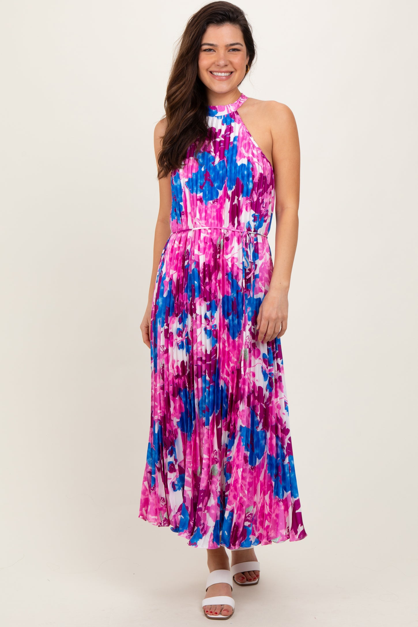 Magenta Floral Satin Pleated Halter Neck Maternity Midi Dress