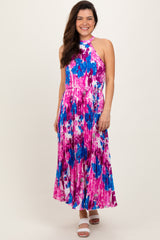 Magenta Floral Satin Pleated Halter Neck Maternity Midi Dress