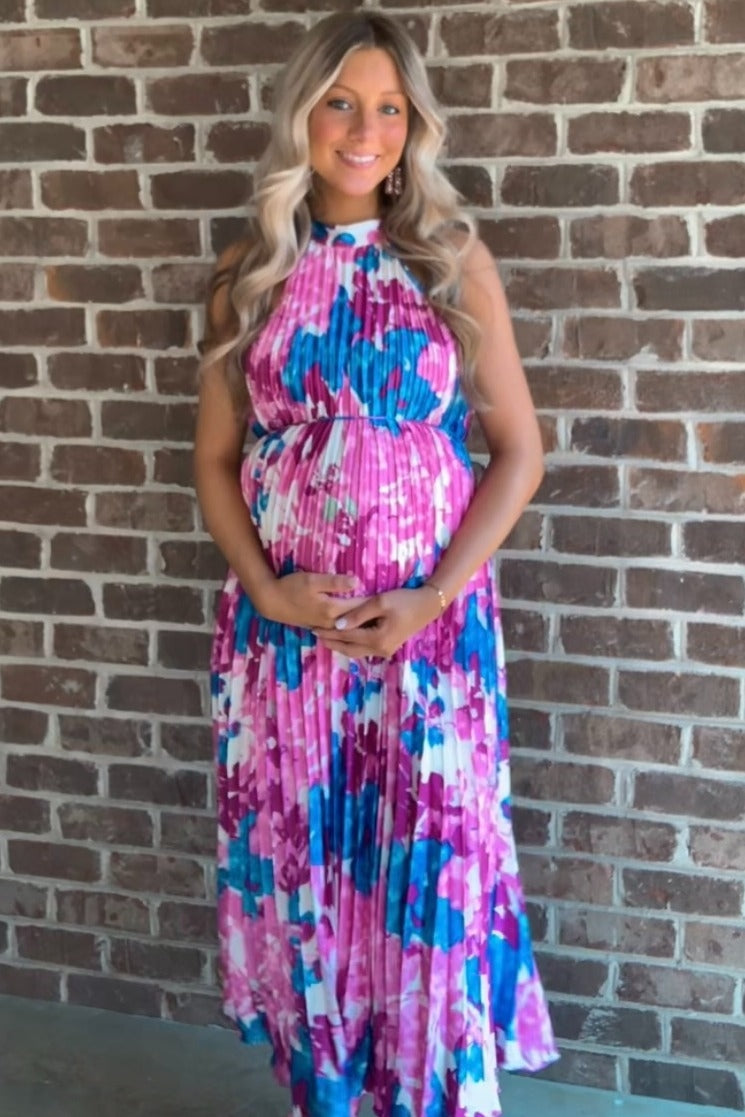 Magenta Floral Satin Pleated Halter Neck Maternity Midi Dress