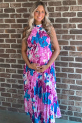 Magenta Floral Satin Pleated Halter Neck Maternity Midi Dress