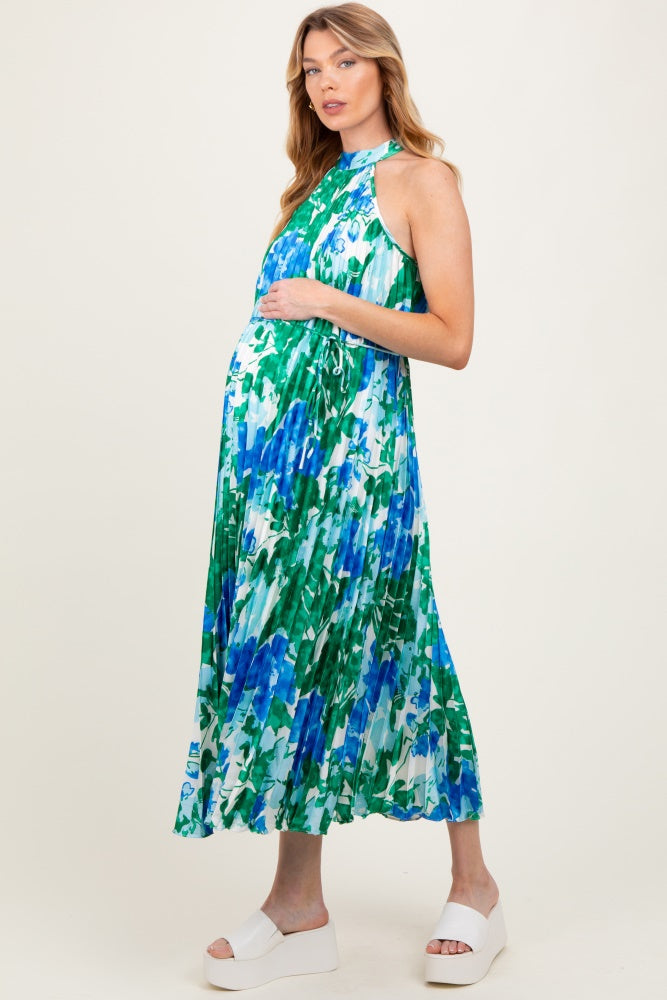 Blue Floral Satin Pleated Halter Neck Maternity Midi Dress PinkBlush Blue Floral Satin Pleated Halter Neck Maternity Midi Dress PinkBlush