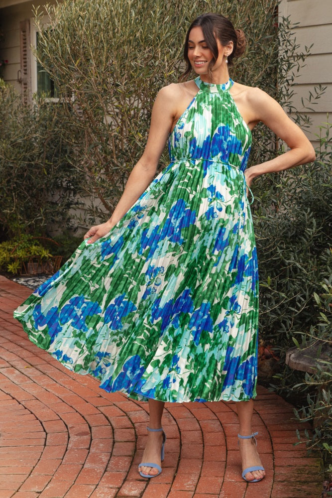 Blue Floral Satin Pleated Halter Neck Maternity Midi Dress – PinkBlush