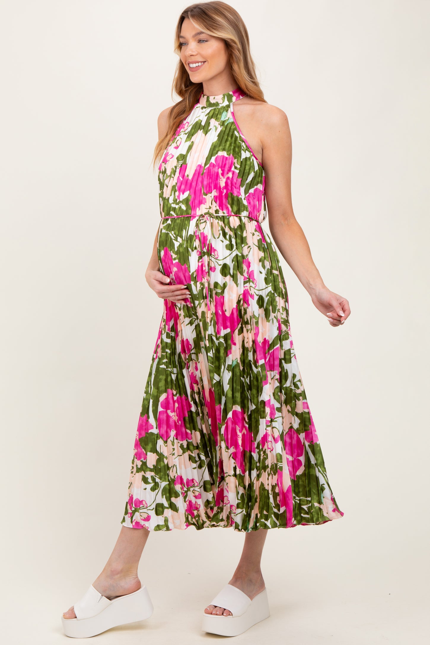 Fuchsia Floral Satin Pleated Halter Neck Maternity Midi Dress