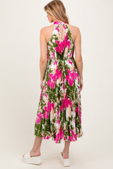 Fuchsia Floral Satin Pleated Halter Neck Maternity Midi Dress