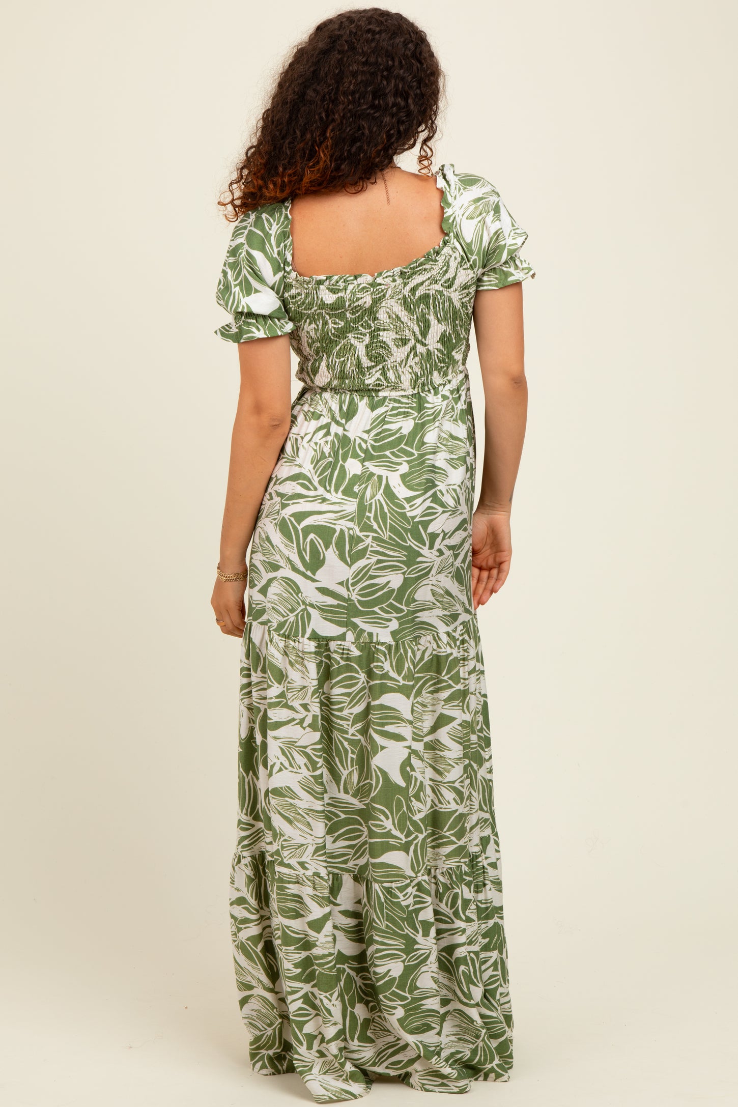 Green Tropical Print Smocked Front Tie Maternity Maxi Dress PinkBlush Green Tropical Print Smocked Front Tie Maternity Maxi Dress PinkBlush